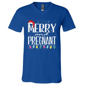 Merry And Pregnant Santa Hat Christmas Pregnant Announcet Cool Gift V-Neck T-Shirt