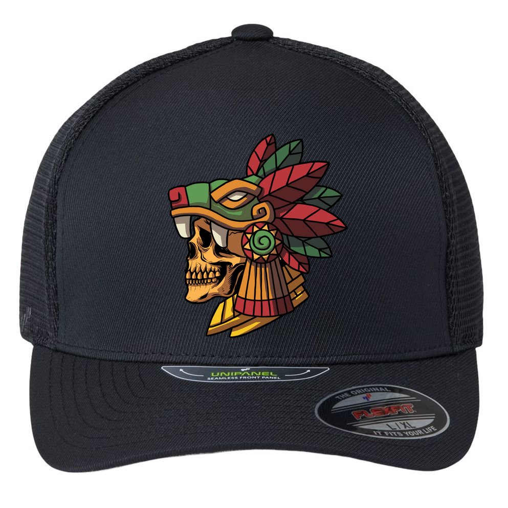 Mayan Ancient Quetzalcoatl Aztec Skull Retro Flexfit Unipanel Trucker Cap