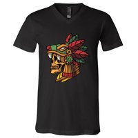 Mayan Ancient Quetzalcoatl Aztec Skull Retro V-Neck T-Shirt