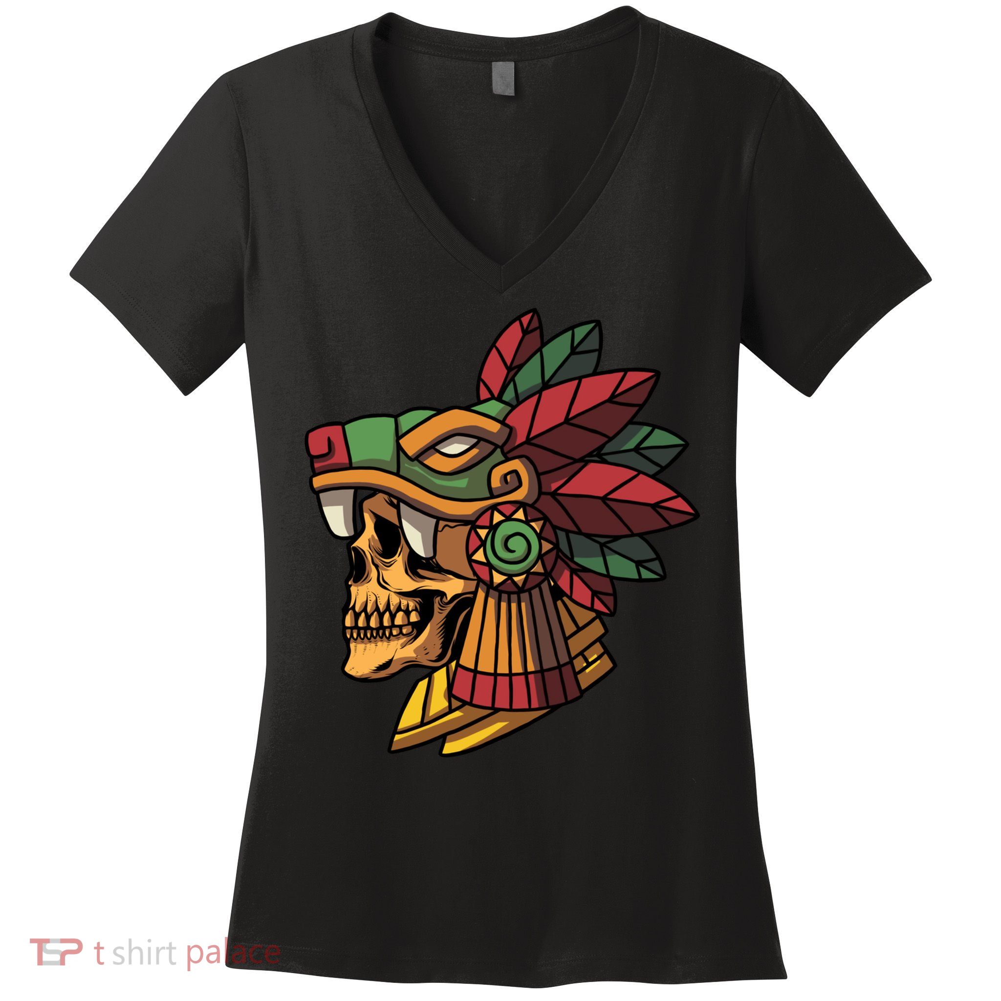 Mayan Ancient Quetzalcoatl Aztec Skull Retro Women's V-Neck T-Shirt