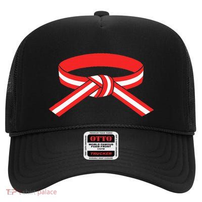Martial Arts Red Belt With White Stripe High Crown Mesh Back Trucker Hat