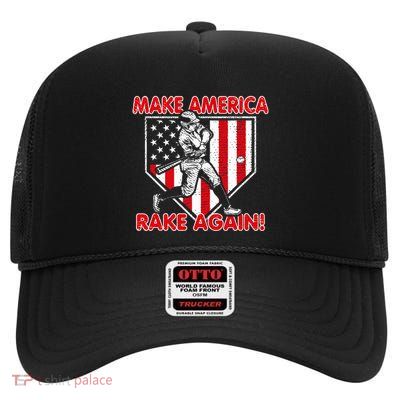 Make America Rake Again Baseball American Flag Hitting High Crown Mesh Back Trucker Hat