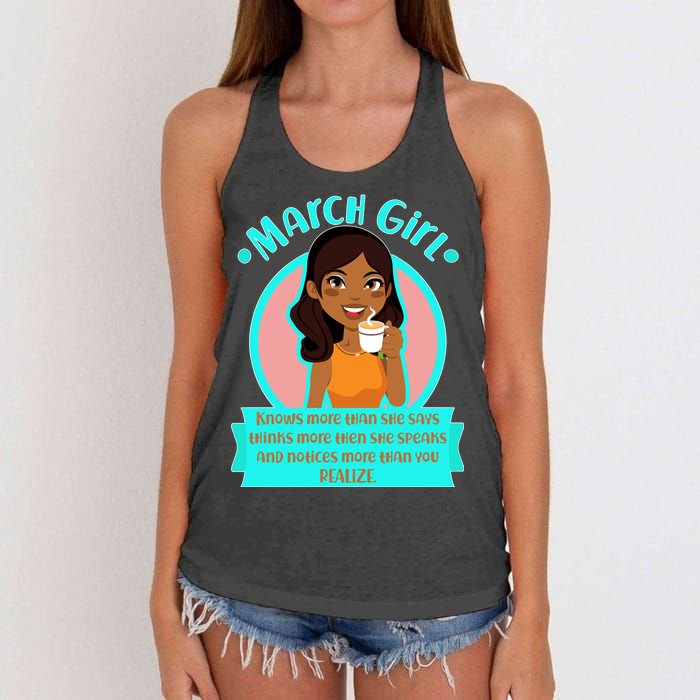 March Birthday Girl Knows More Than You Realize Women's Knotted Racerback Tank