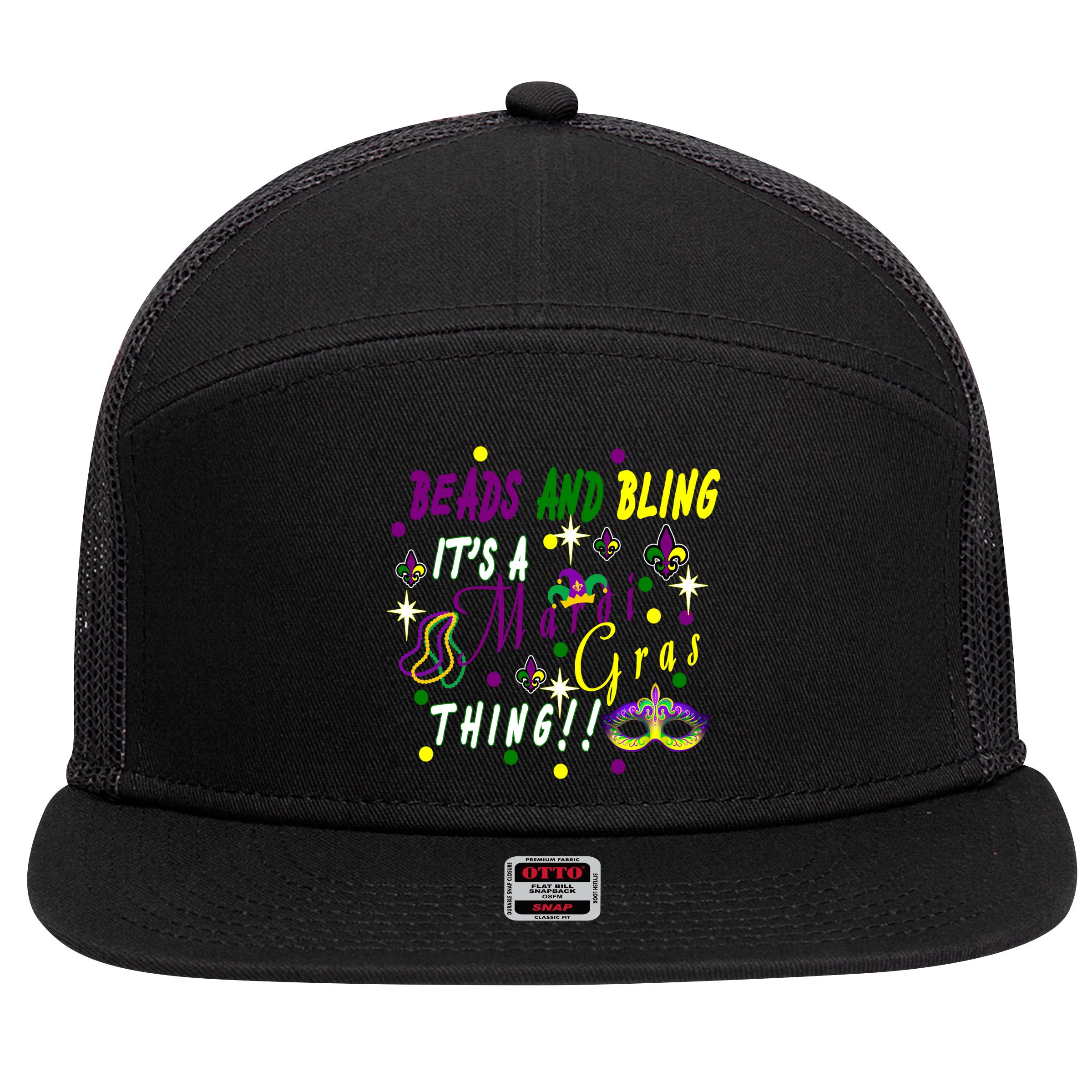 Mardi Gras Beads And Bling Celebration 7 Panel Mesh Trucker Snapback Hat