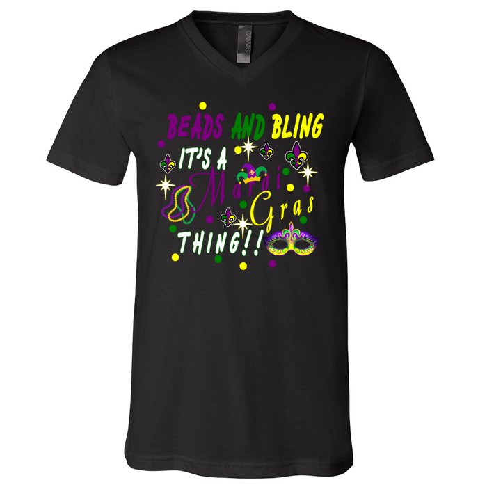 Mardi Gras Beads And Bling Celebration V-Neck T-Shirt