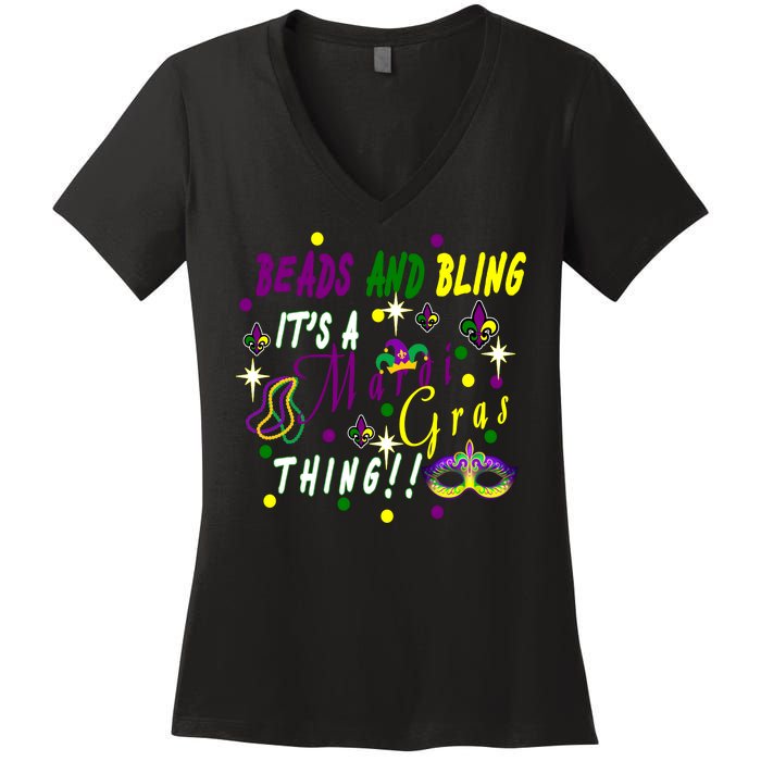 Mardi Gras Beads And Bling Celebration Women's V-Neck T-Shirt