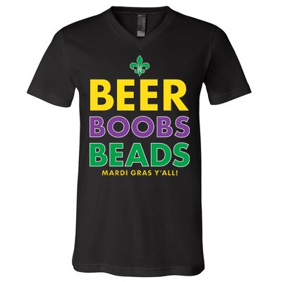 Mardi Gras Beer Boobs Beads V-Neck T-Shirt