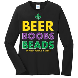 Mardi Gras Beer Boobs Beads Ladies Long Sleeve Shirt