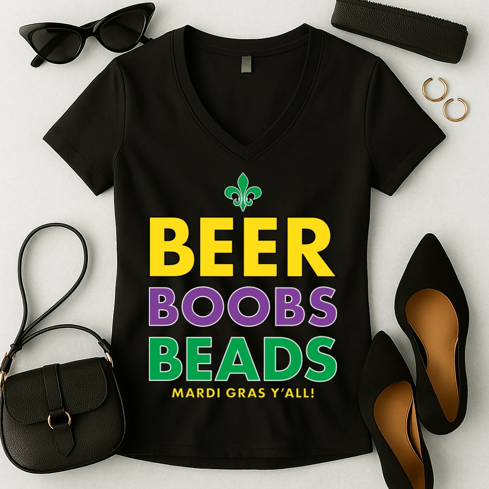 Mardi Gras Beer Boobs Beads Women's V-Neck T-Shirt