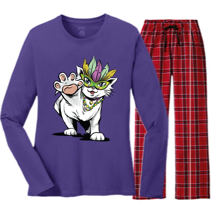 Mardi Gras Cat Women's Long Sleeve Flannel Pajama Set 