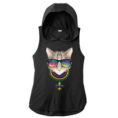 Mardi Gras Cat Beads and Sunglasses NOLA Ladies PosiCharge Tri-Blend Wicking Draft Hoodie Tank