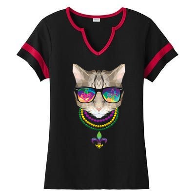 Mardi Gras Cat Beads and Sunglasses NOLA Ladies Halftime Notch Neck Tee