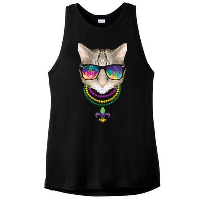 Mardi Gras Cat Beads and Sunglasses NOLA Ladies PosiCharge Tri-Blend Wicking Tank