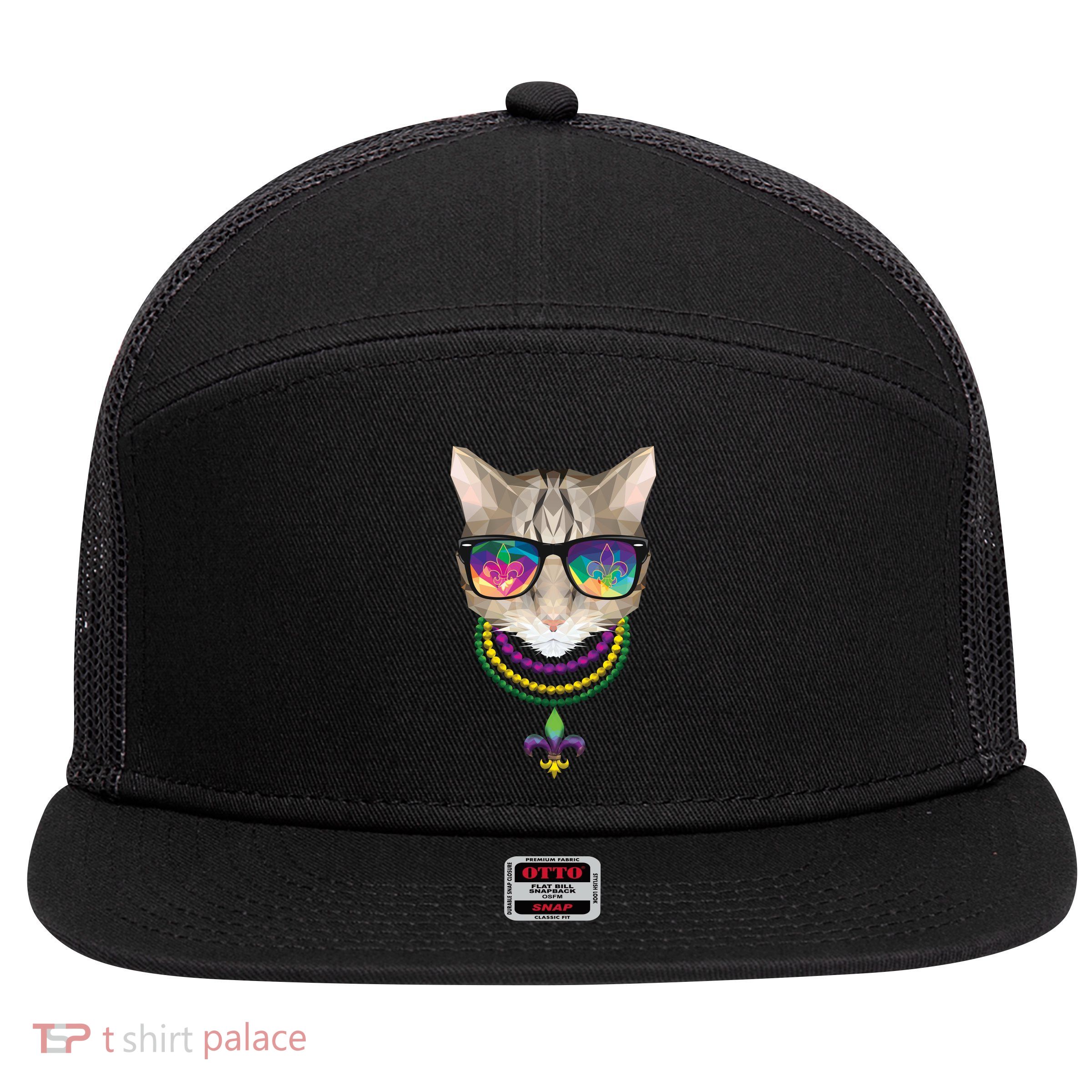 Mardi Gras Cat Beads and Sunglasses NOLA 7 Panel Mesh Trucker Snapback Hat