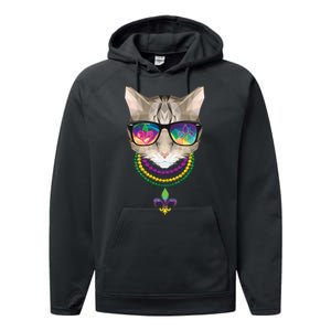 Mardi Gras Cat Beads and Sunglasses NOLA Performance Fleece Hoodie