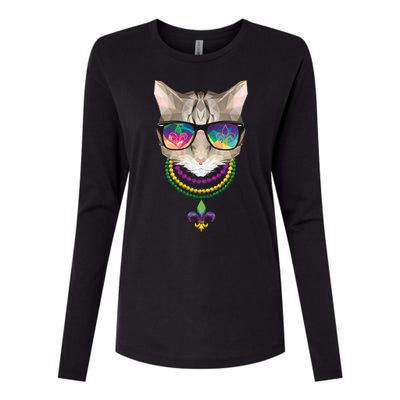 Mardi Gras Cat Beads and Sunglasses NOLA Womens Cotton Relaxed Long Sleeve T-Shirt