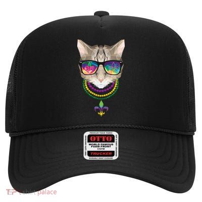 Mardi Gras Cat Beads and Sunglasses NOLA High Crown Mesh Back Trucker Hat