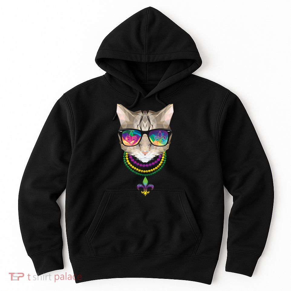 Mardi Gras Cat Beads and Sunglasses NOLA Hoodie