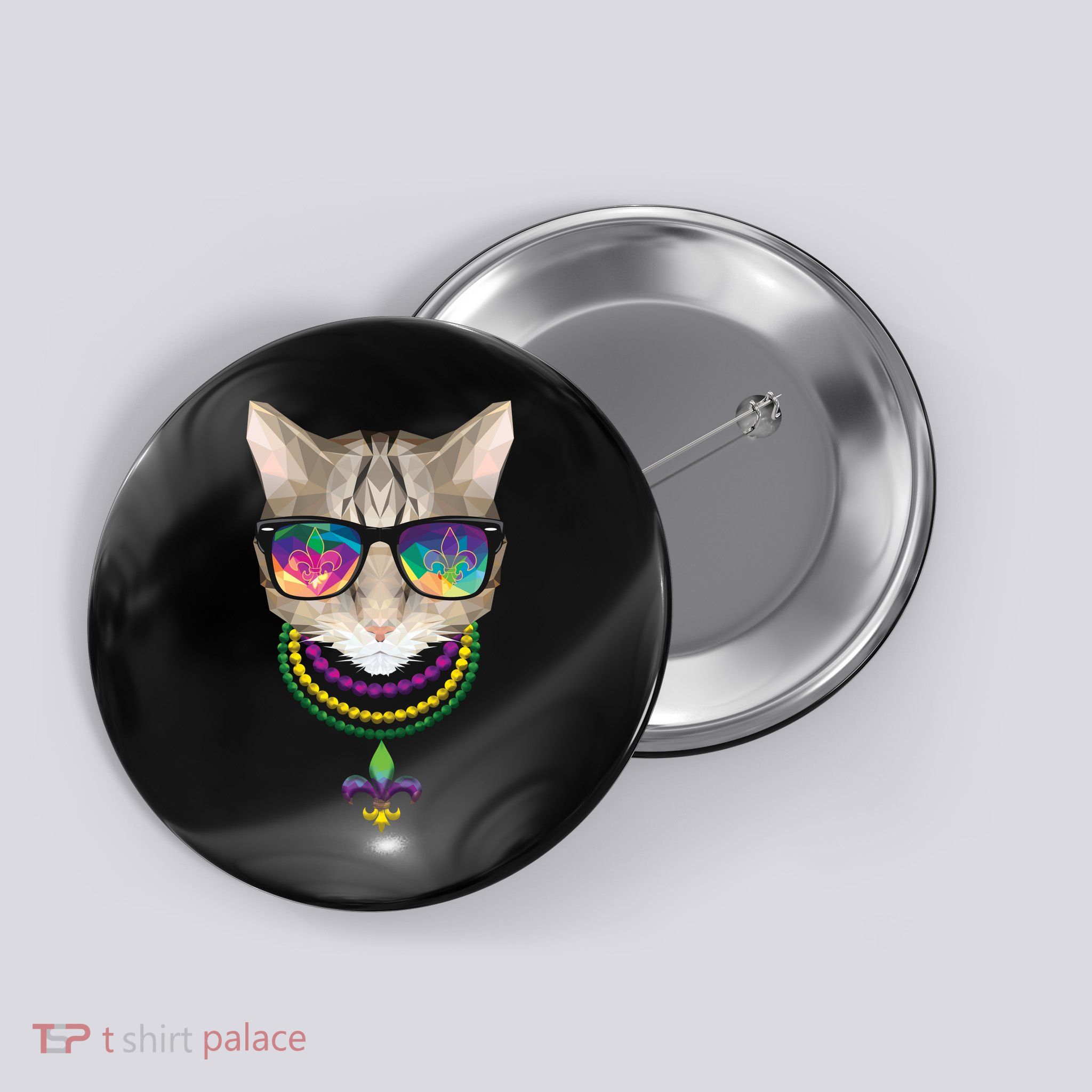 Mardi Gras Cat Beads and Sunglasses NOLA Button