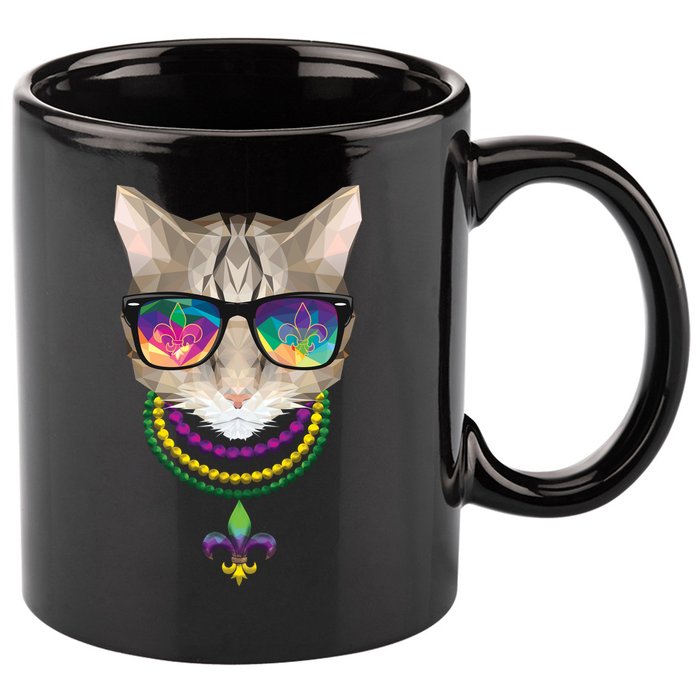 Mardi Gras Cat Beads and Sunglasses NOLA 11oz C Handle Ceramic Mug