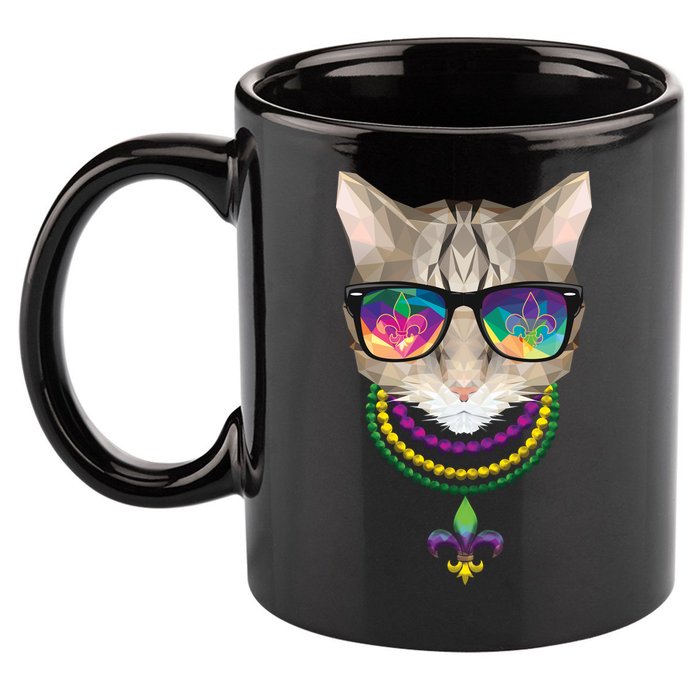Mardi Gras Cat Beads and Sunglasses NOLA 11oz C Handle Ceramic Mug