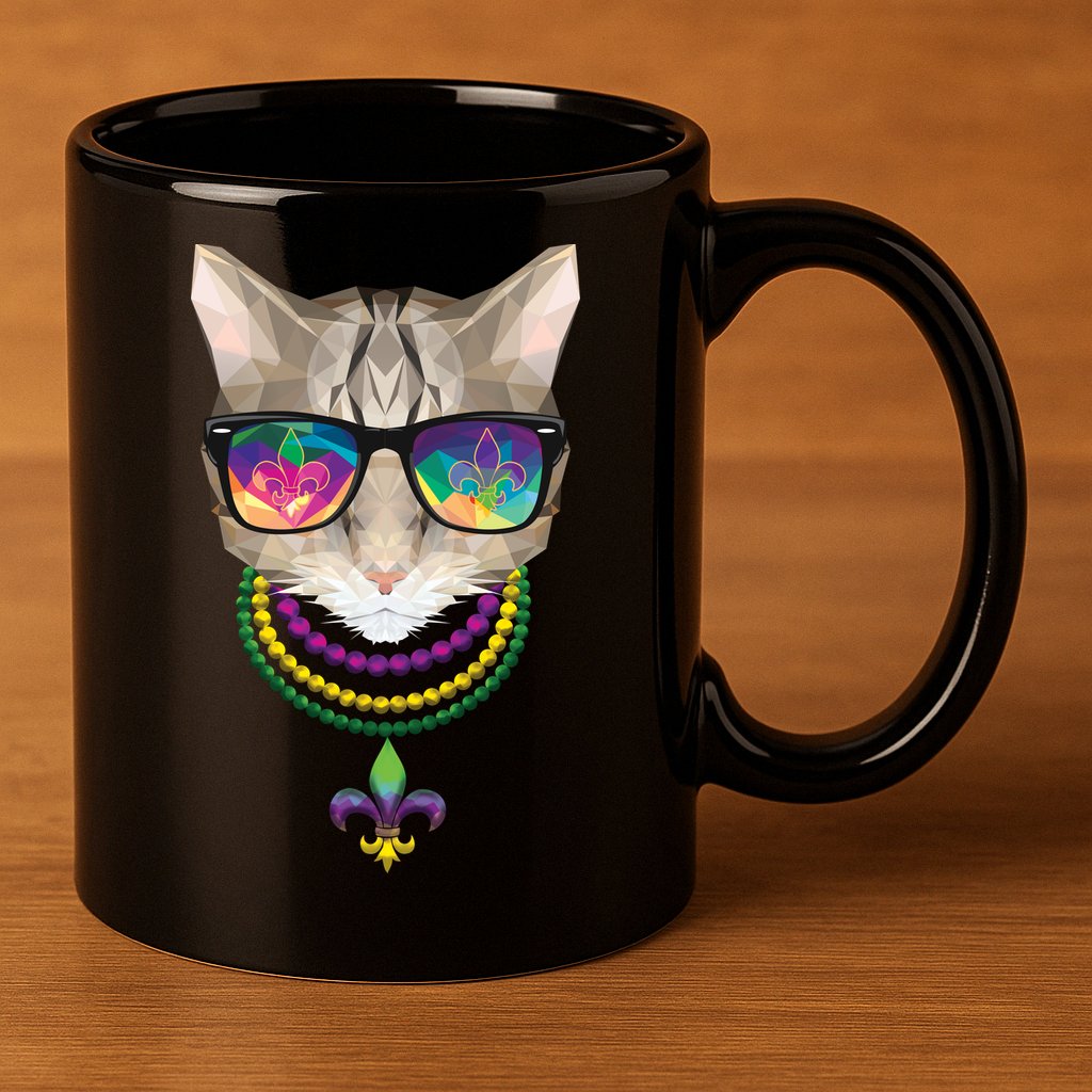 Mardi Gras Cat Beads and Sunglasses NOLA 11oz C Handle Ceramic Mug