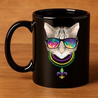 Mardi Gras Cat Beads and Sunglasses NOLA 11oz C Handle Ceramic Mug