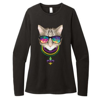 Mardi Gras Cat Beads and Sunglasses NOLA Womens CVC Long Sleeve Shirt