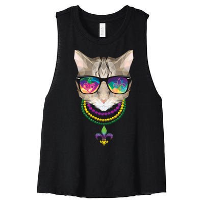 Mardi Gras Cat Beads and Sunglasses NOLA Women's Racerback Cropped Tank