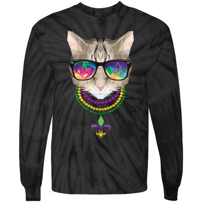 Mardi Gras Cat Beads and Sunglasses NOLA Tie-Dye Long Sleeve Shirt