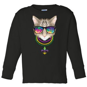 Mardi Gras Cat Beads and Sunglasses NOLA Toddler Long Sleeve Shirt