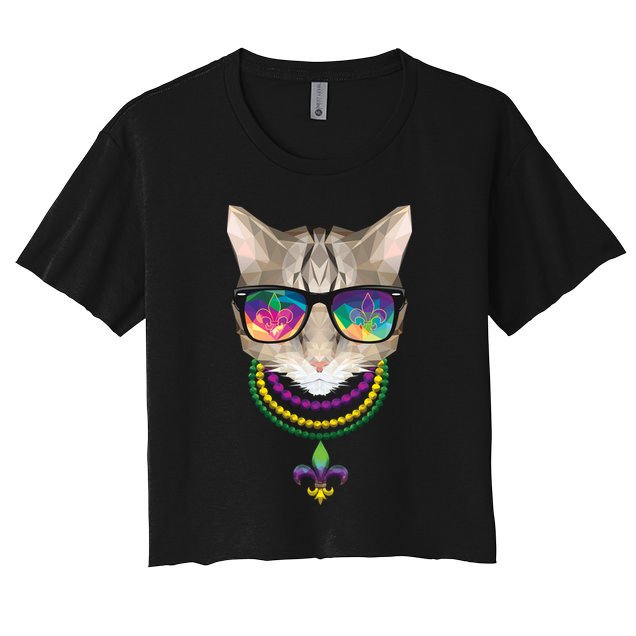Mardi Gras Cat Beads and Sunglasses NOLA Crop Top
