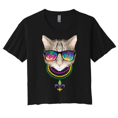 Mardi Gras Cat Beads and Sunglasses NOLA Women's Crop Top Tee