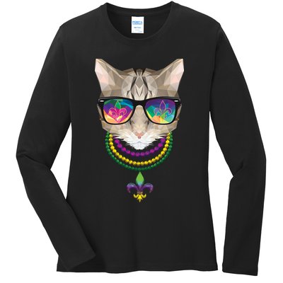 Mardi Gras Cat Beads and Sunglasses NOLA Ladies Long Sleeve Shirt