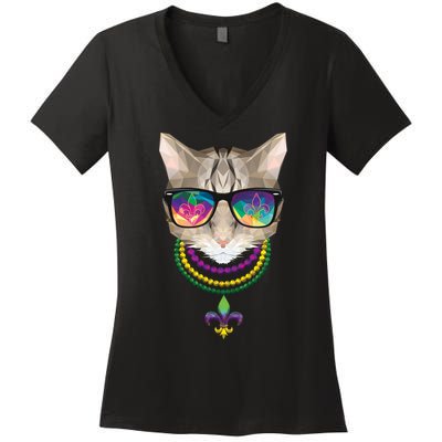 Mardi Gras Cat Beads and Sunglasses NOLA Women's V-Neck T-Shirt