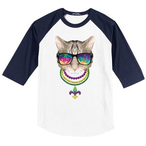 Mardi Gras Cat Beads and Sunglasses NOLA Baseball Sleeve Shirt