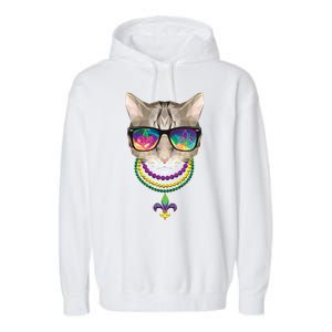 Mardi Gras Cat Beads and Sunglasses NOLA Garment-Dyed Fleece Hoodie