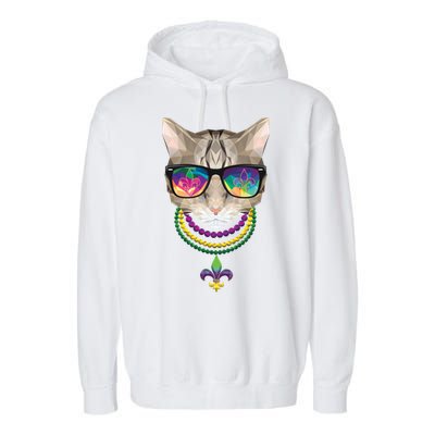 Mardi Gras Cat Beads and Sunglasses NOLA Garment-Dyed Fleece Hoodie