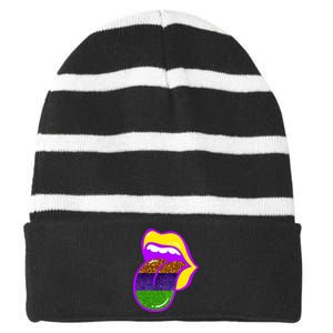 Mardi Gras Colorful Lips Striped Beanie with Solid Band