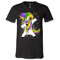 Mardi Gras Dabbing Unicorn V-Neck T-Shirt