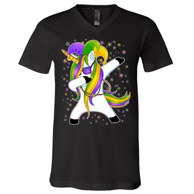 Mardi Gras Dabbing Unicorn V-Neck T-Shirt