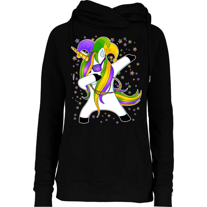 Mardi Gras Dabbing Unicorn Womens Funnel Neck Pullover Hood