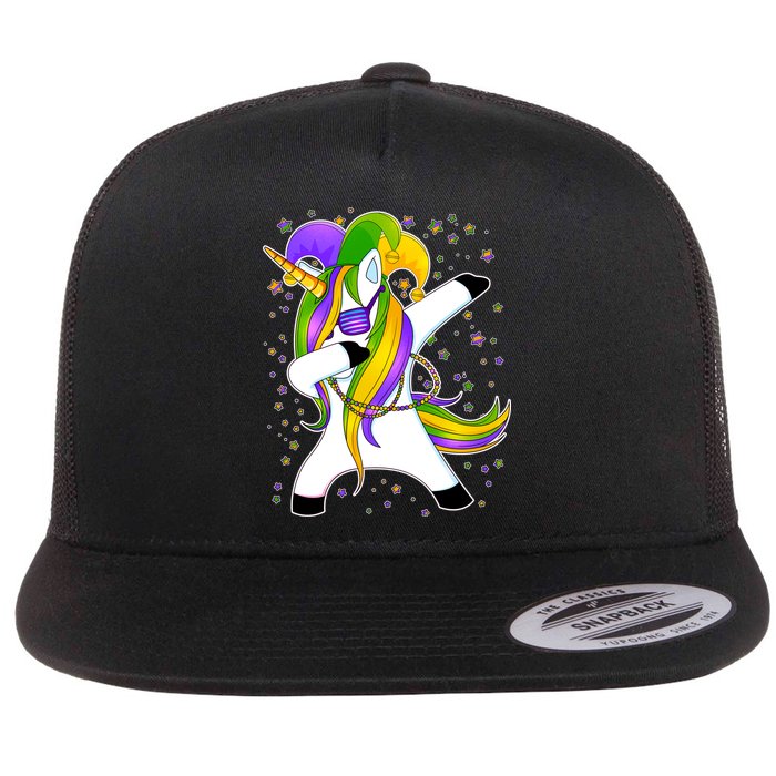 Mardi Gras Dabbing Unicorn Flat Bill Trucker Hat