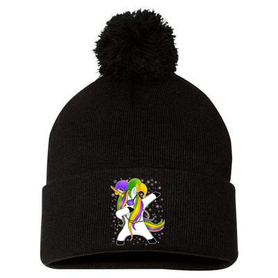 Mardi Gras Dabbing Unicorn Pom Pom 12in Knit Beanie