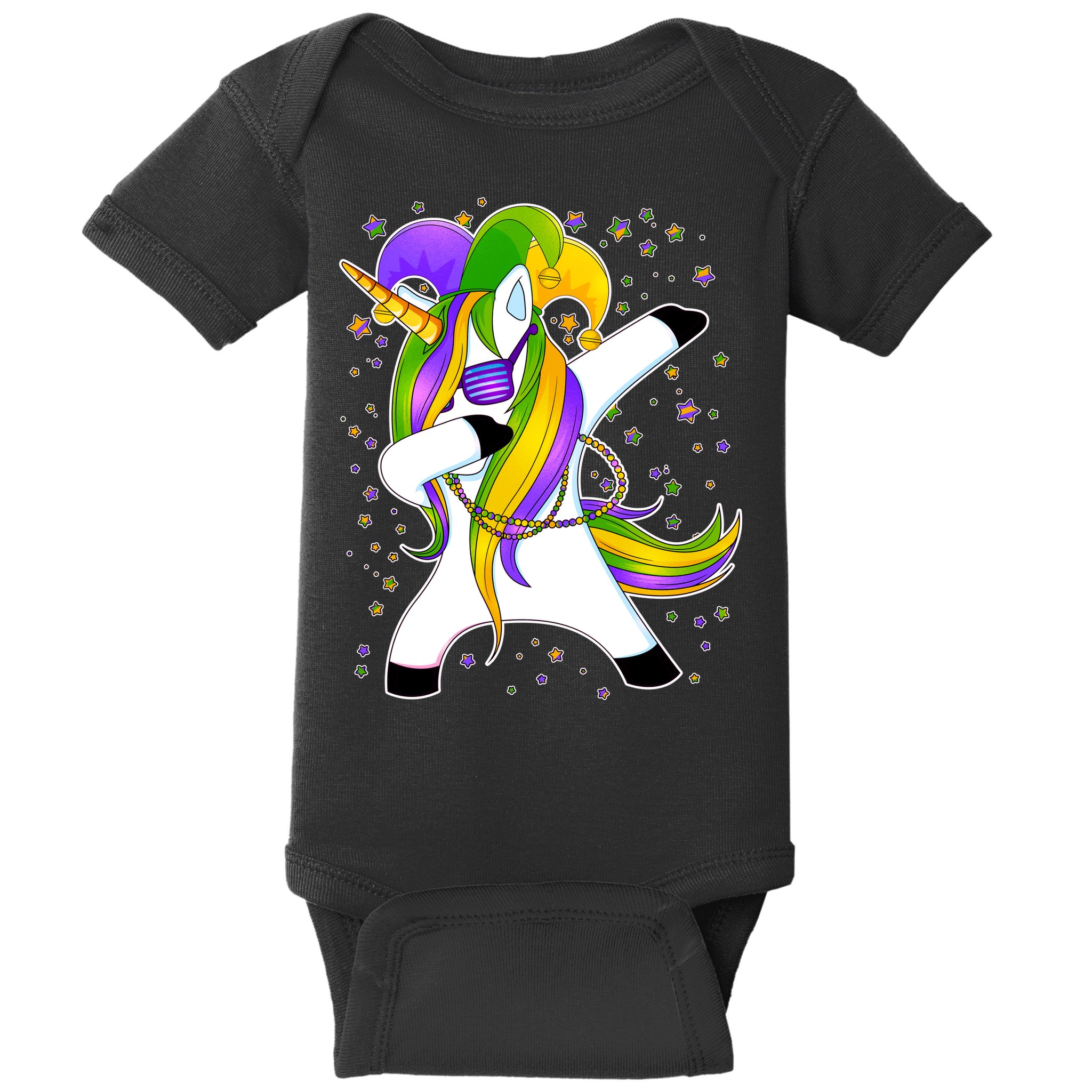 Mardi Gras Dabbing Unicorn Baby Bodysuit