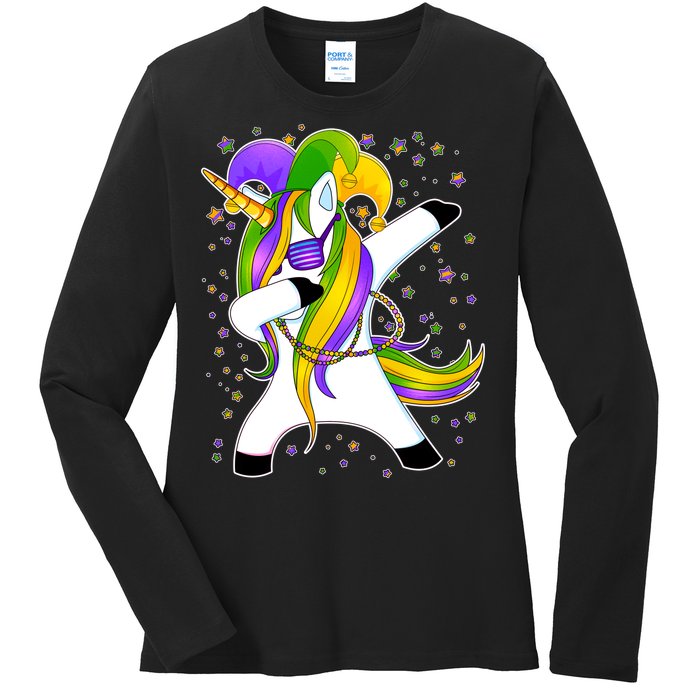 Mardi Gras Dabbing Unicorn Ladies Long Sleeve Shirt