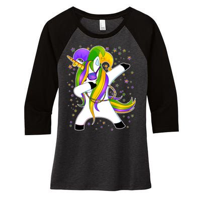 Mardi Gras Dabbing Unicorn Women's Tri-Blend 3/4-Sleeve Raglan Shirt