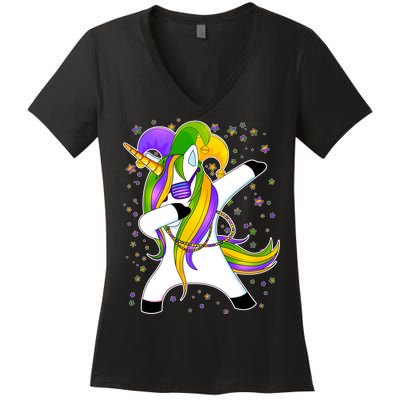 Mardi Gras Dabbing Unicorn Women's V-Neck T-Shirt