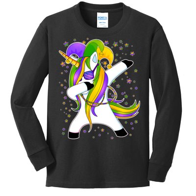 Mardi Gras Dabbing Unicorn Kids Long Sleeve Shirt