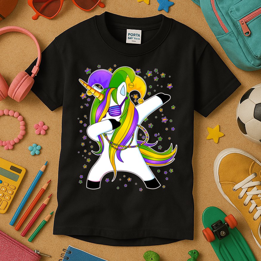 Mardi Gras Dabbing Unicorn Kids T-Shirt